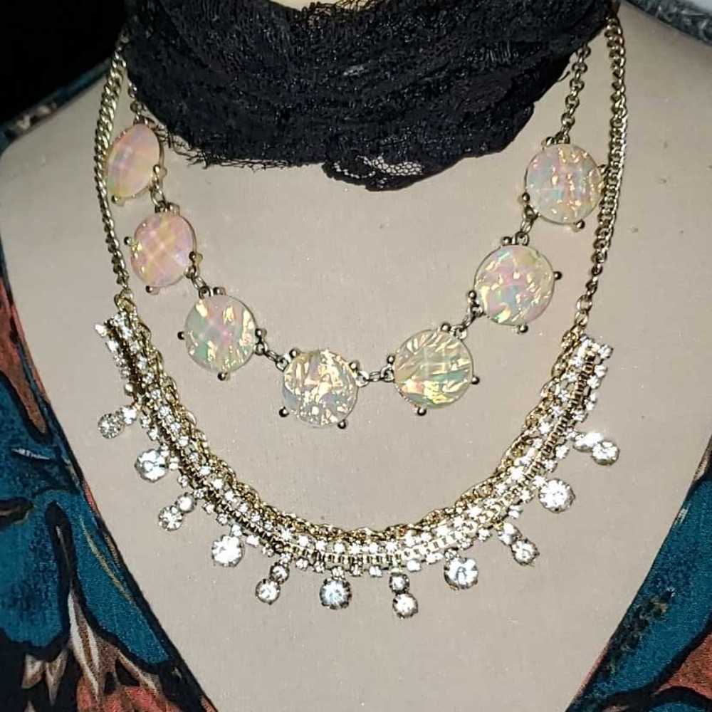 Double Strand Necklace Mexican Opal & Crystal Rhinestones on Gold Tone Chains